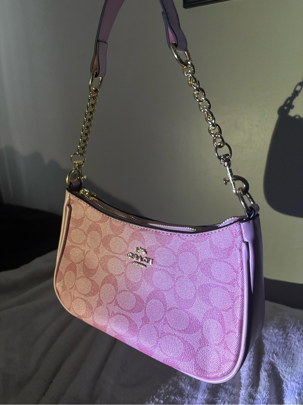 Coach Pink Signature Canvas Shoulder Bag with Gold Chain Strap